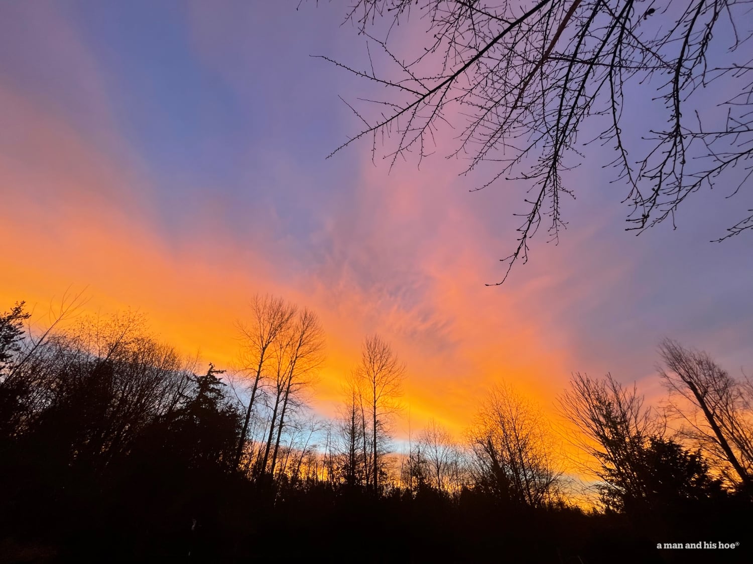 Morning lights color the dawn clouds in shades of orange to pink.